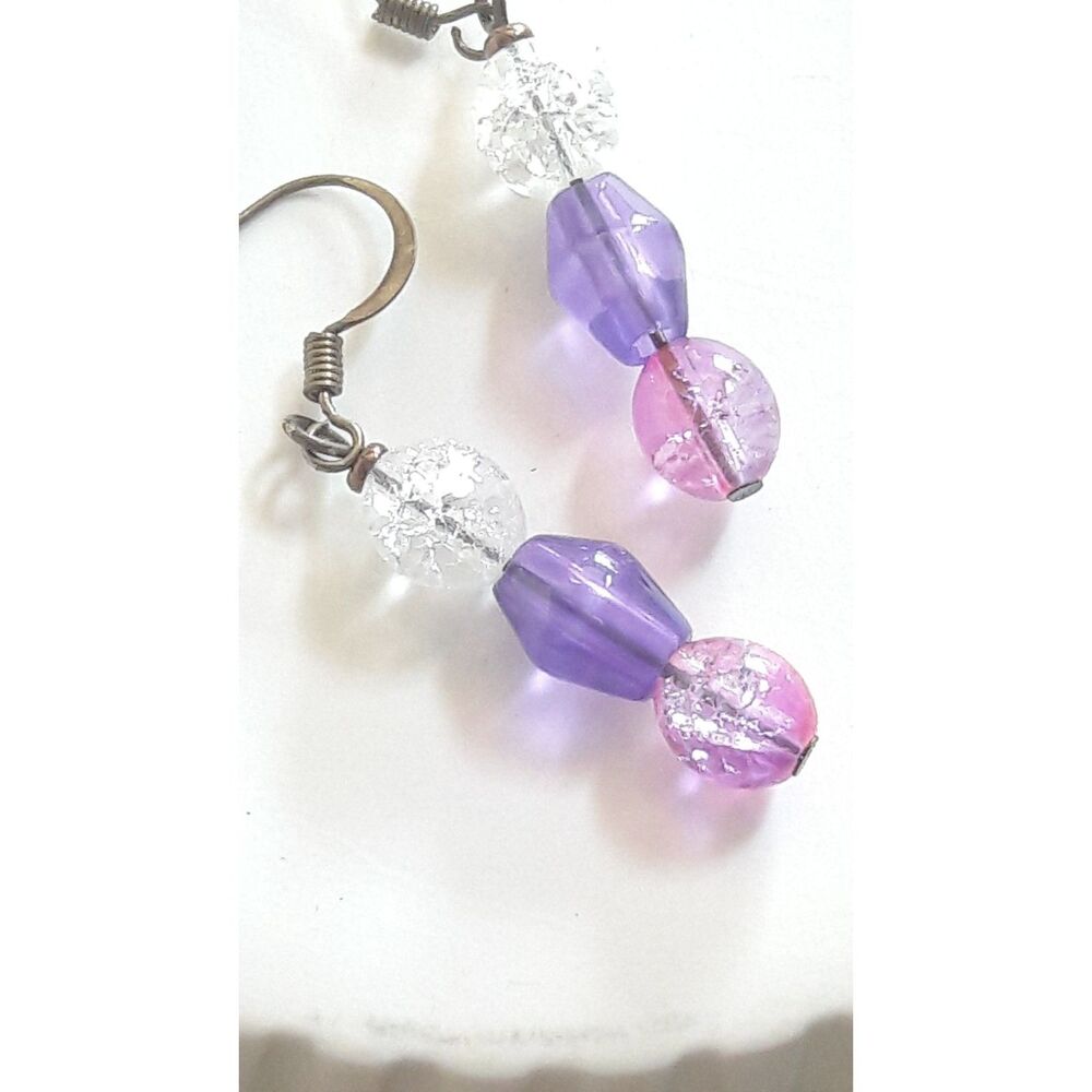 boho earrings 357#mfs Purple pink pastel earrings crackle glass bead linear cute